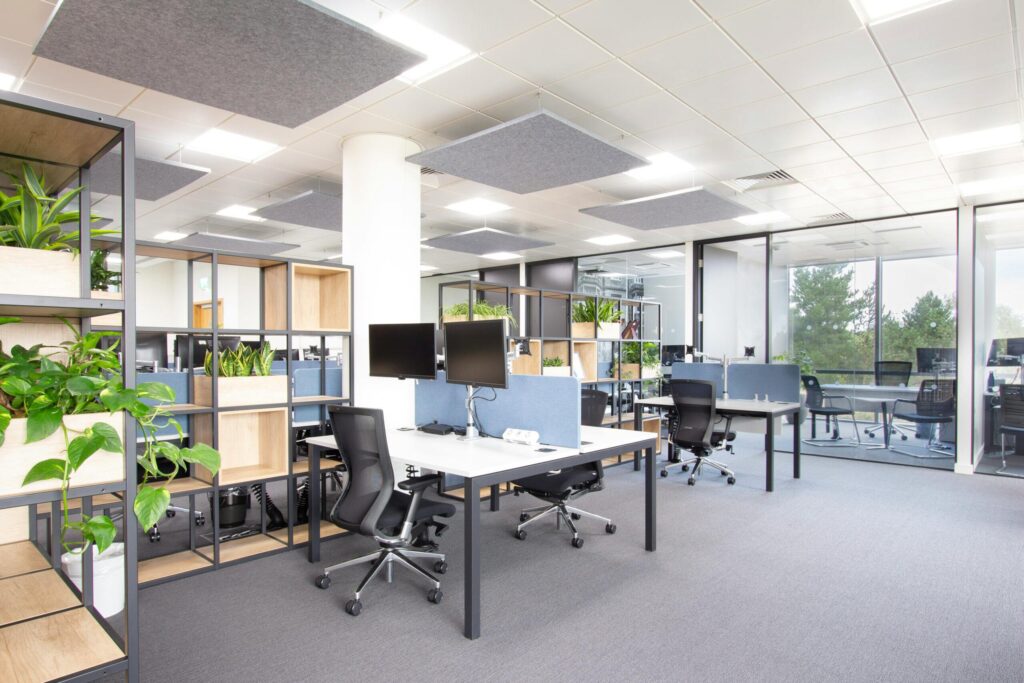 Bright and modern open office with plants, chairs, and large windows.